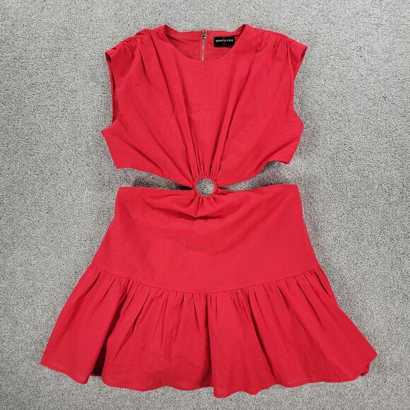 White Fox Cutout Ring Dress Womens L Red Sleeveless Mini Fit & Flare Ruffle Hem - Picture 1 of 16